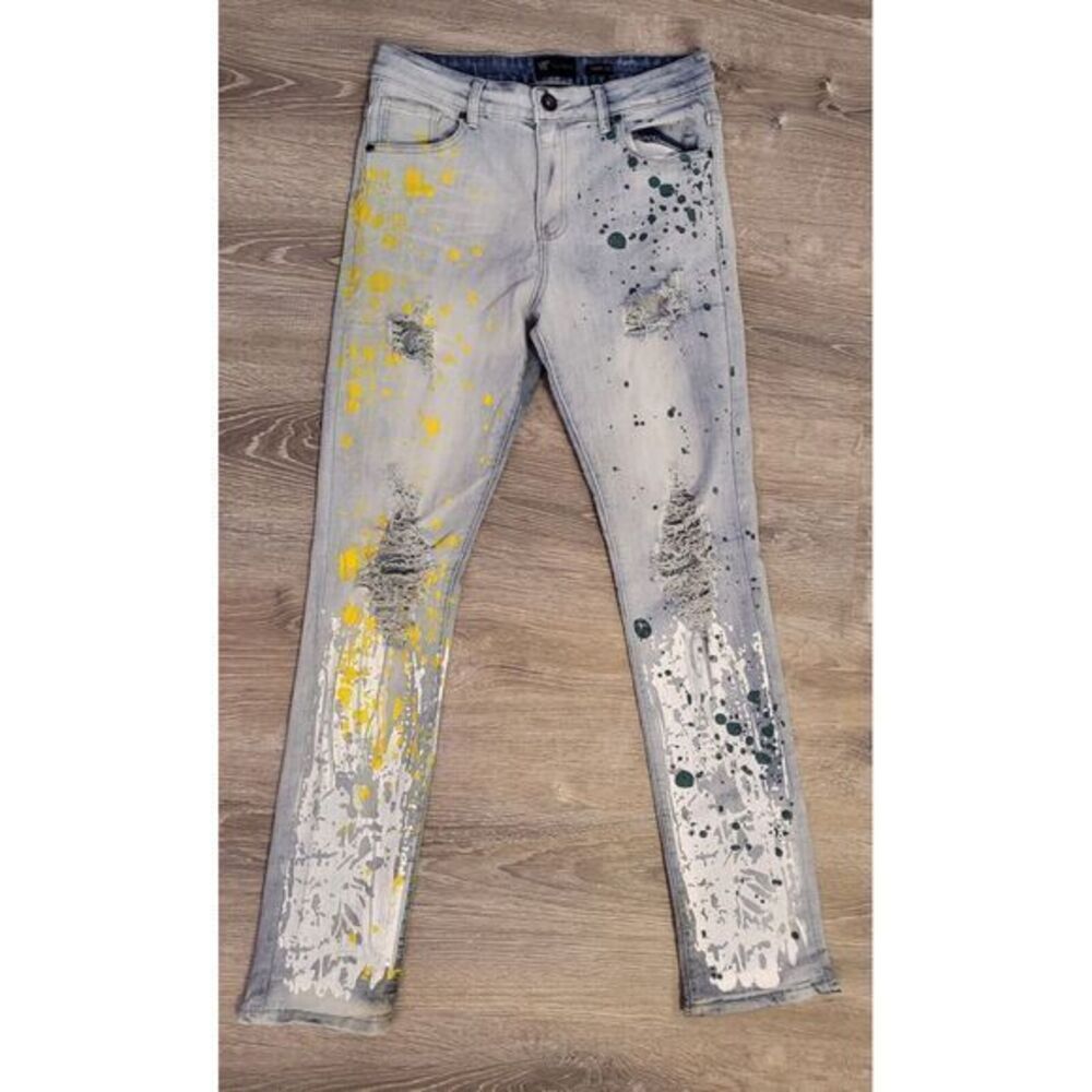 Waimea Skinny Fit Splattered Paint Flames Sun Washed Distressed Jeans SZ W28×L30